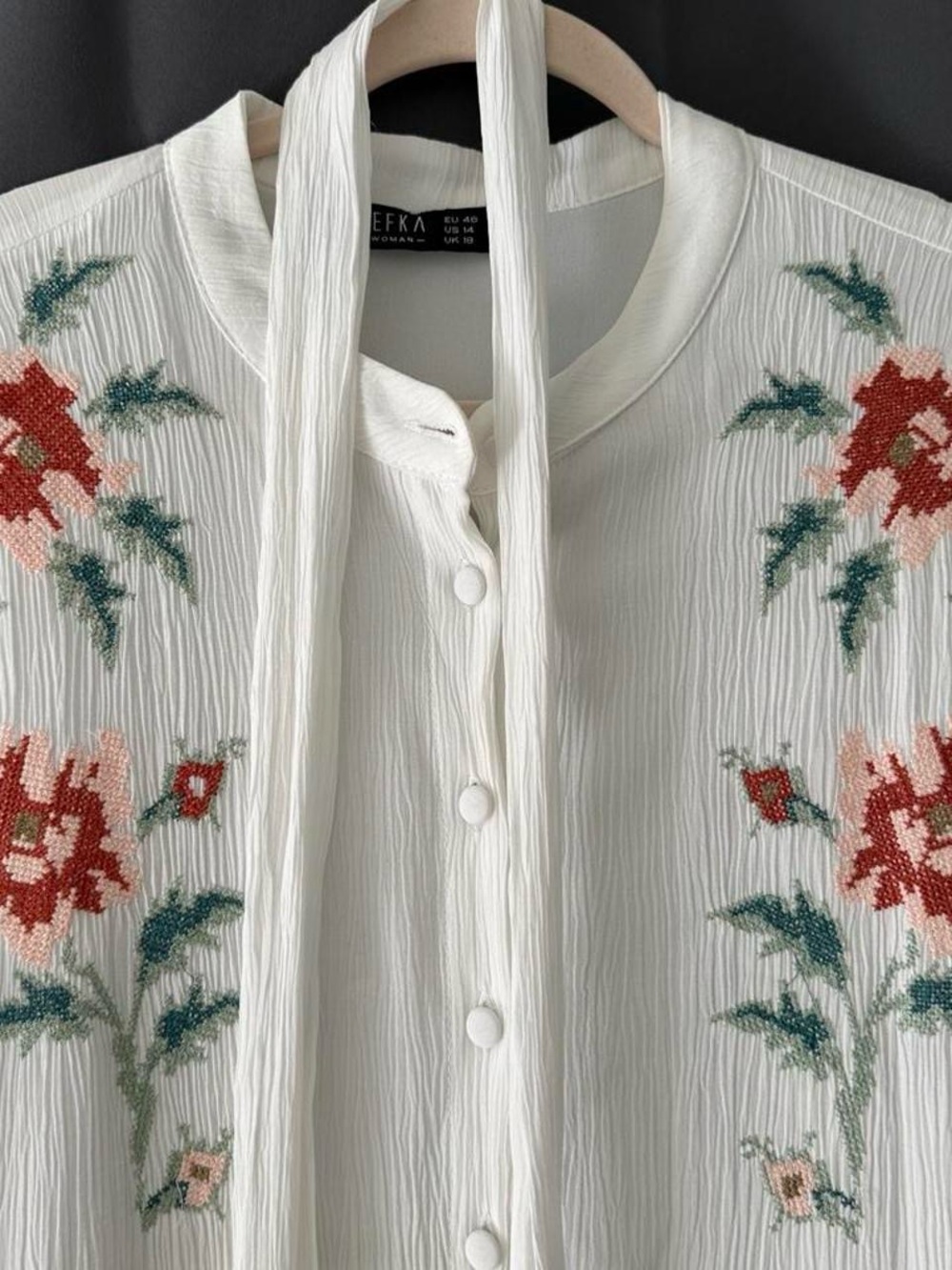 White Floral-Embroidered Tie-Neck Blouse